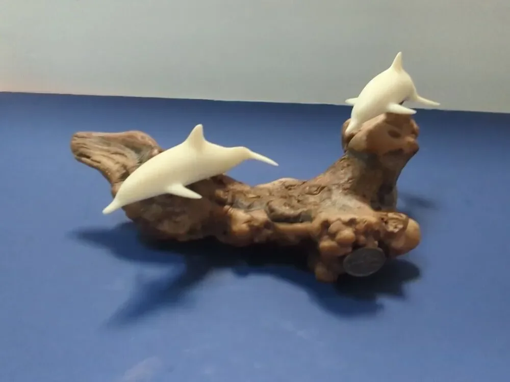 Vintage John Perry 9 In Dolphin Sculpture with Burlwood Base Collectible Figures
